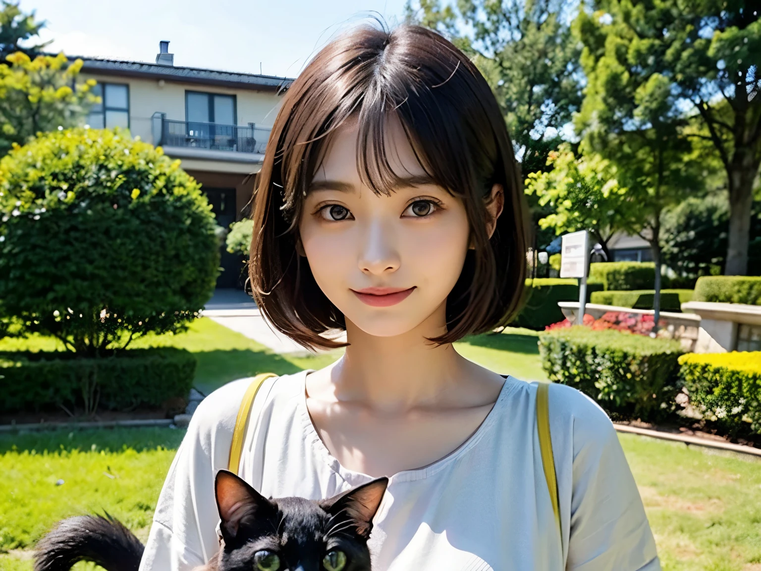 A face like Suzu Hirose、looking at the viewer、smiling、 girl、chest bulge、bob hairstyle、Highest image quality、8k、There is a cat、