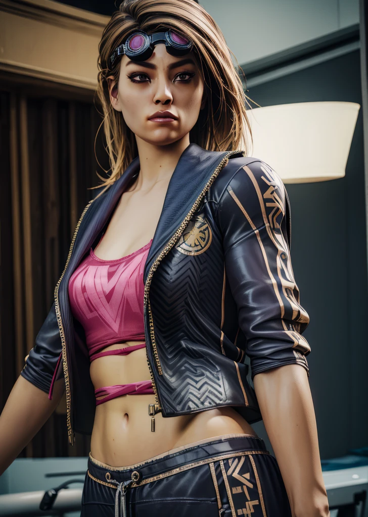 Masterpiece, Top Quality, Super Detail, 8K, Detailed Light, Detailed Shadows, RAW, (Detailed Skin), (Real: 1.2),, Yui, blonde hair, brown eyes,  serious,  goggles on head,  pink shirt, midriff,   jacket,  pants, standing,  upper body,  bike shop,  night, 
(insanely detailed, beautiful detailed face,beautiful detailed eyes, masterpiece, best quality),solo, 