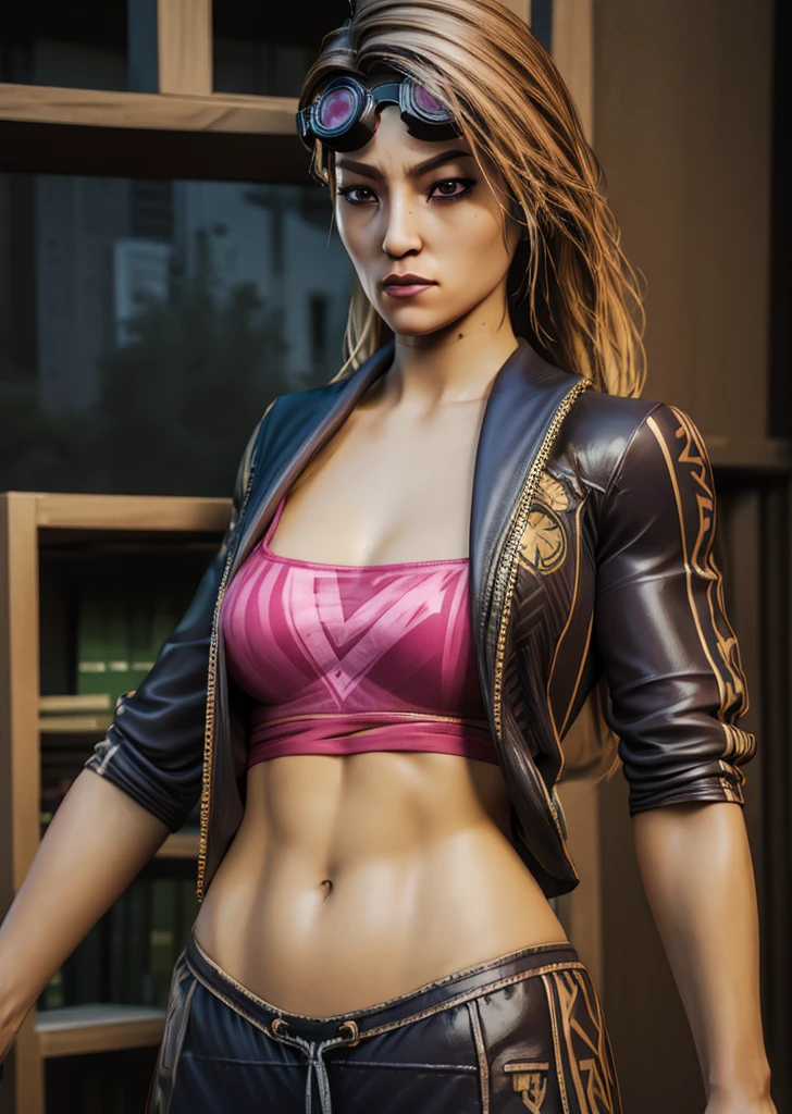 Masterpiece, Top Quality, Super Detail, 8K, Detailed Light, Detailed Shadows, RAW, (Detailed Skin), (Real: 1.2),, Yui, blonde hair, brown eyes,  serious,  goggles on head,  pink shirt, midriff,   jacket,  pants, standing,  upper body,  bike shop,  night, 
(insanely detailed, beautiful detailed face,beautiful detailed eyes, masterpiece, best quality),solo, 