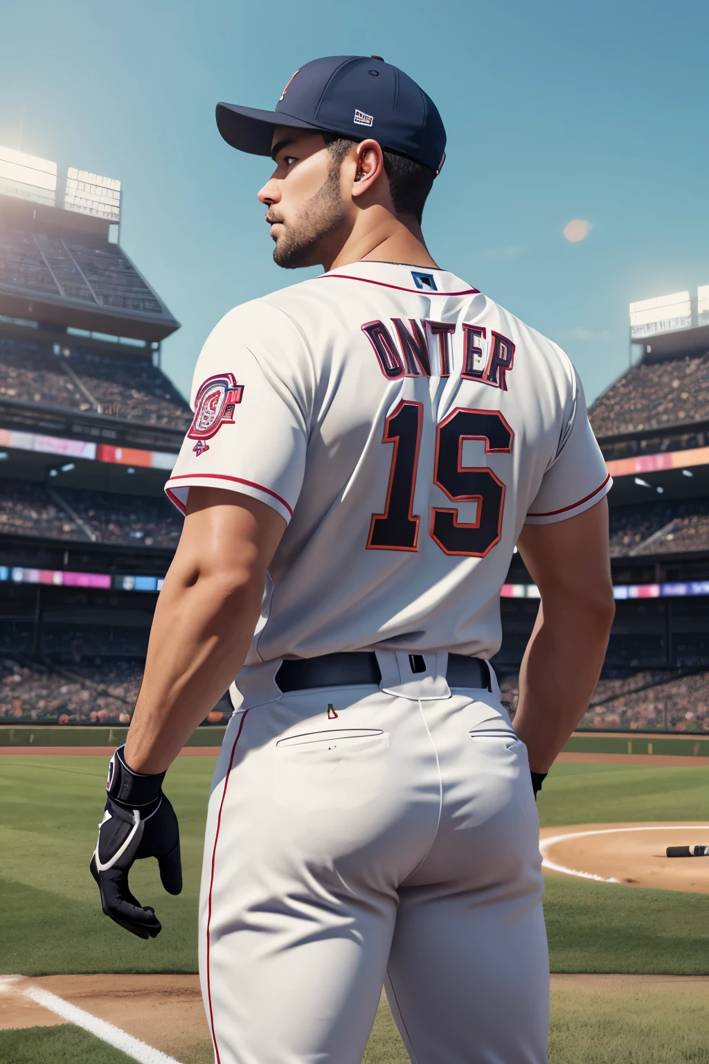 baseball player standing on field, marching band uniform, from behind, , high detail, 8k, mystical, magical, ultra hd, realistic, vivid colors, highly detailed, UHD drawing, pen and ink, perfect composition, beautifully detailed intricate insanely detailed octane rendering trending on artstation, 8k artistic photography, photorealistic concept art, soft natural volumetric cinematic perfect light, huge manly bubble butt, muscle butt, highly detailed excellent proportioned face,