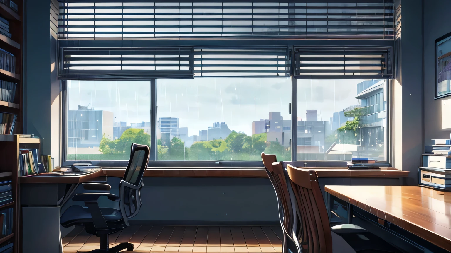 Imagine yourself in a comfortable study room with the rain gently tapping on the window. Soft Lo-Fi instrumental music plays in the background, creating a calm atmosphere conducive to deep concentration.