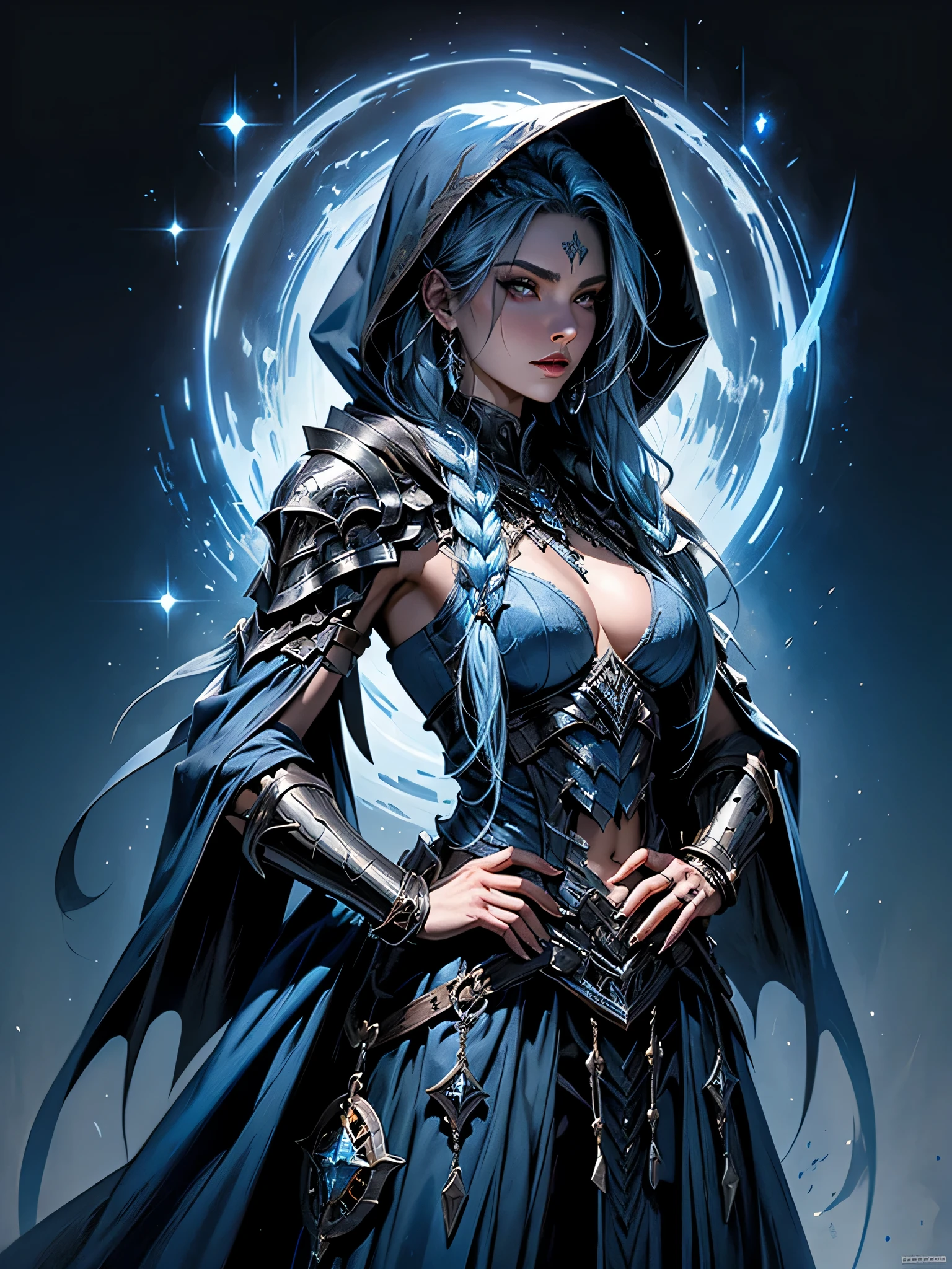 The most beautiful and sexy demon sorceress, long blue hair, wearing a hooded cloak and highly detailed battle armor, tattoos and piercings, casting a powerful and destructive magic spell, perfect masterpiece, high quality, high resolution