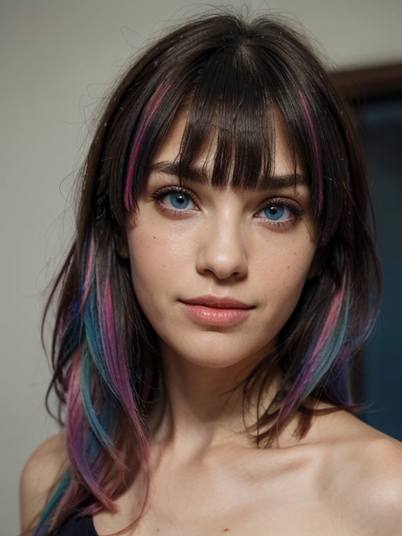 Best quality, masterpiece, super high resolution, multicolored hair dark blue and pink hair, long hair, two moles under the eyes, gradient eyes, eyeballs, shyness, smile, evil, off-the-shoulder, character setting, close-up, surrealism, UHD, award-winning, bust, colourful hair, ((blunt bangs)), blue eyes, really beautiful face, super beautiful face, sexy, thin face, hot face
