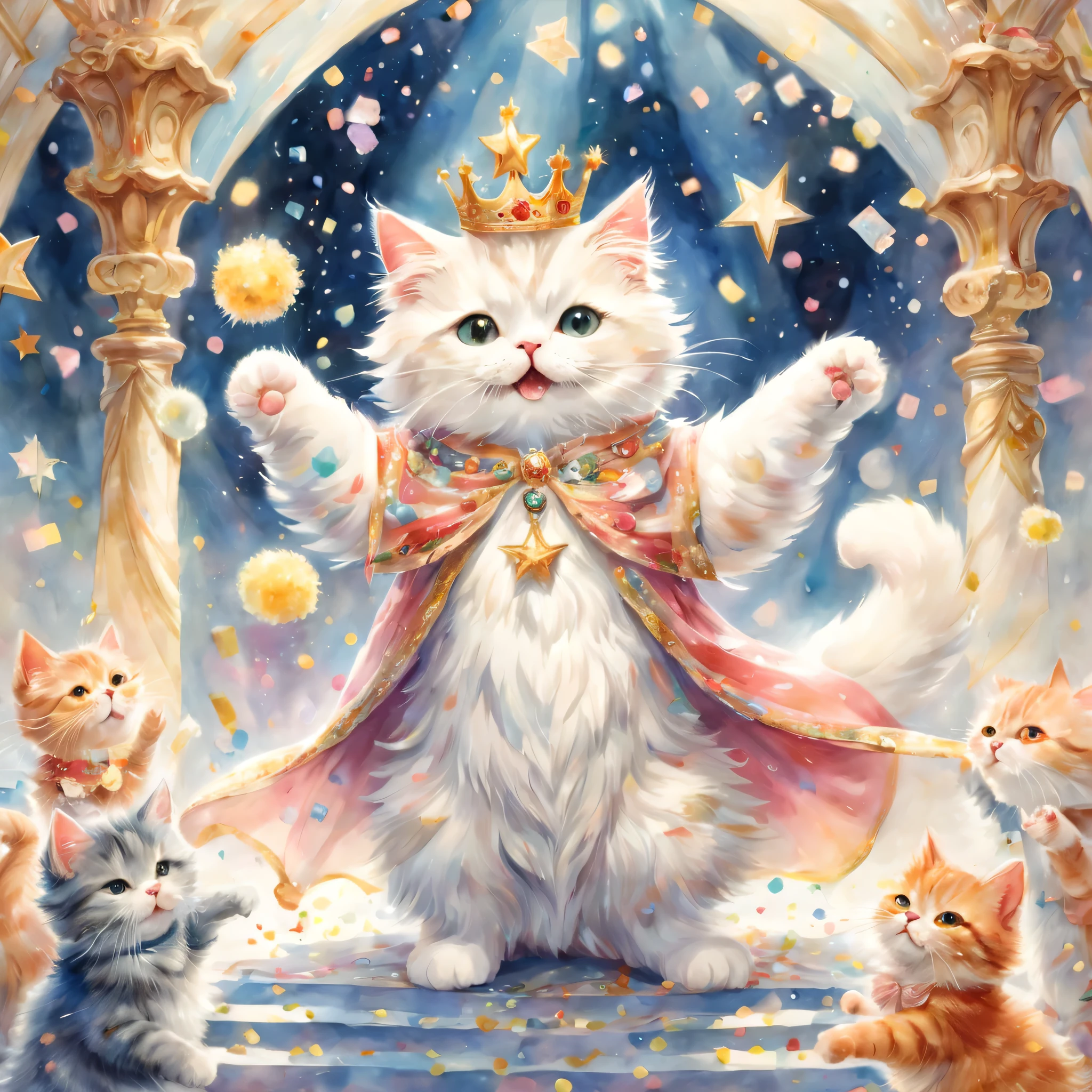 ((Playing cat)),dance,raise your hand,jump,open your mouth,indoor,masterpiece,highest quality,fluffy cat,a bit,cute,Futebutesi,fun,happiness,,Fashionable scenery,Sparklingエフェクト,celebration,anatomically correct,All the best,最高にcute猫,cute猫，,fantasy,randolph caldecott style,enlightenment,watercolor painting,gentle shades,((Hanabubuki)),Sparkling,star,light,sequins,crown,The king's cloak

