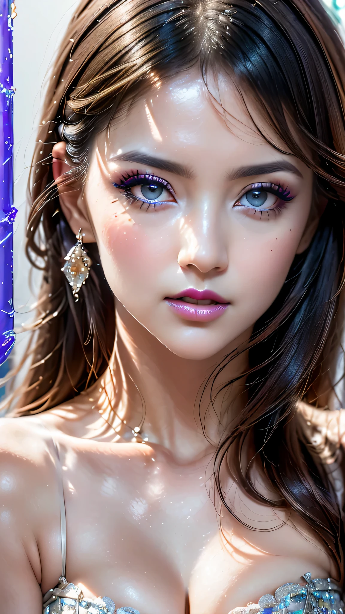 Ultra-realistic、 ultra-detailed、 最high quality、 8K、highest level、 The ultra -The high-definition、(Super beautiful detailed face:1.5)、(detailed eyes:1.2)、(detailed lips:1.2)、(Detailed nose:1.2)、cinematic lighting、(anatomically correct)、((cleavage))、(I encourage you to choose a subdued and perfectly coordinated background for your phenomenal, diverse random creation)、(Use any technique of combining materials, natural, ((glass:1.43)), metals, elements and fantasy magic, any style, any outfit, choose eyes color, ((hair is a different color than eyes)), dynamic random fancy, professional hairstyles)、 1girl:1.4 26years old、fashion supermodel、real:1.8、photorealistic:1.8、(very delicate and beautiful、fine details:1.5)、(masterpiece)、 最high quality、 (high quality)、 (absurdres)、 (ultra sharp fous)、(Glamour, paparazzi taking pictures of her)、 contrast、 (glowin light shot:1.25)、red_lipstick:1.29、((perfect round eyes))、((glowing glass:1.5))、(matte skin:1.45)、((from the Knee Up:1.3))、((ultraviolet lighting_makeup:1.37))