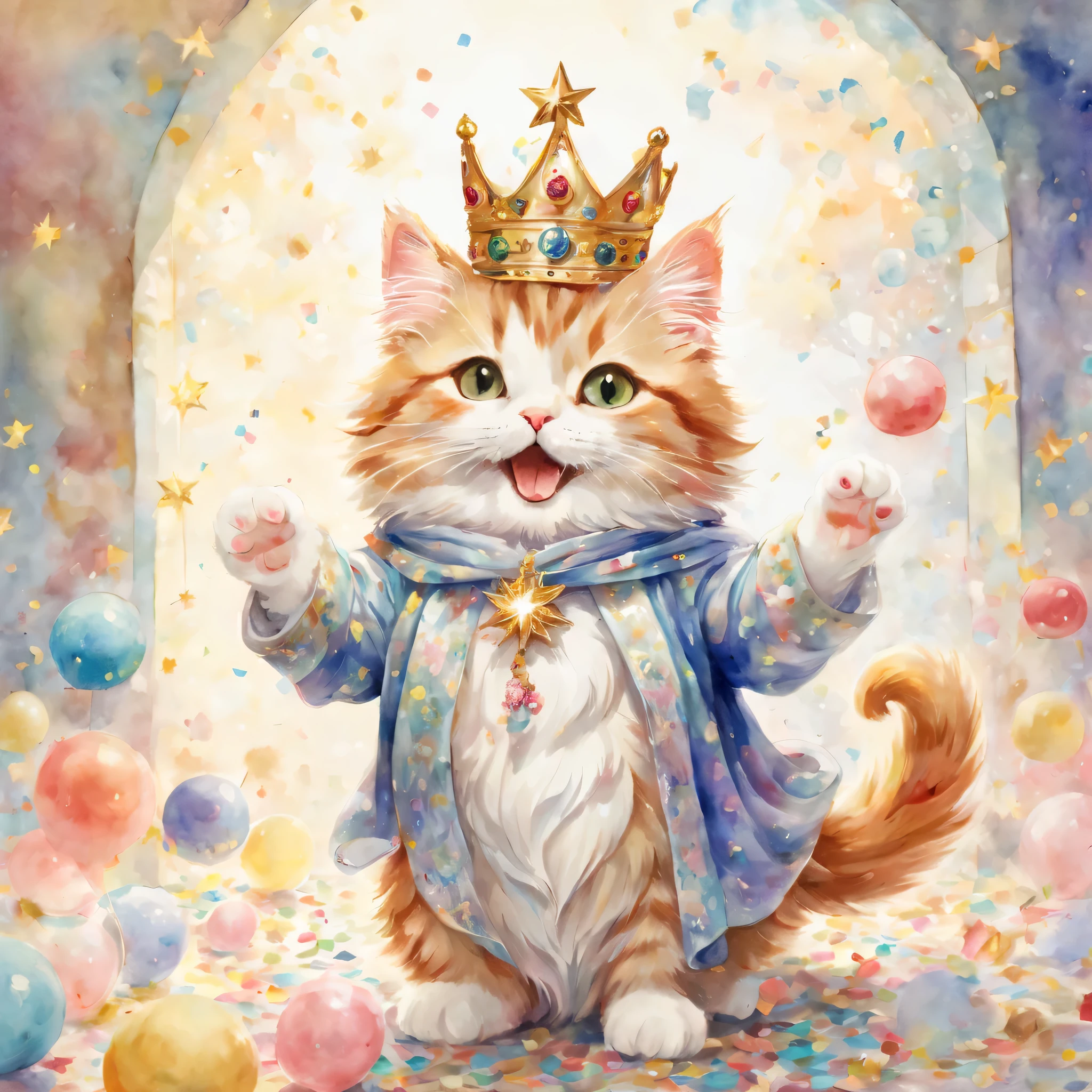 ((Playing cat)),dance,raise your hand,jump,open your mouth,indoor,masterpiece,highest quality,fluffy cat,a bit,cute,Futebutesi,fun,happiness,,Fashionable scenery,Sparklingエフェクト,celebration,anatomically correct,All the best,最高にcute猫,cute猫,,fantasy,randolph caldecott style,enlightenment,watercolor painting,gentle shades,((Hanabubuki)),Sparkling,star,light,sequins,crown,The king's cloak