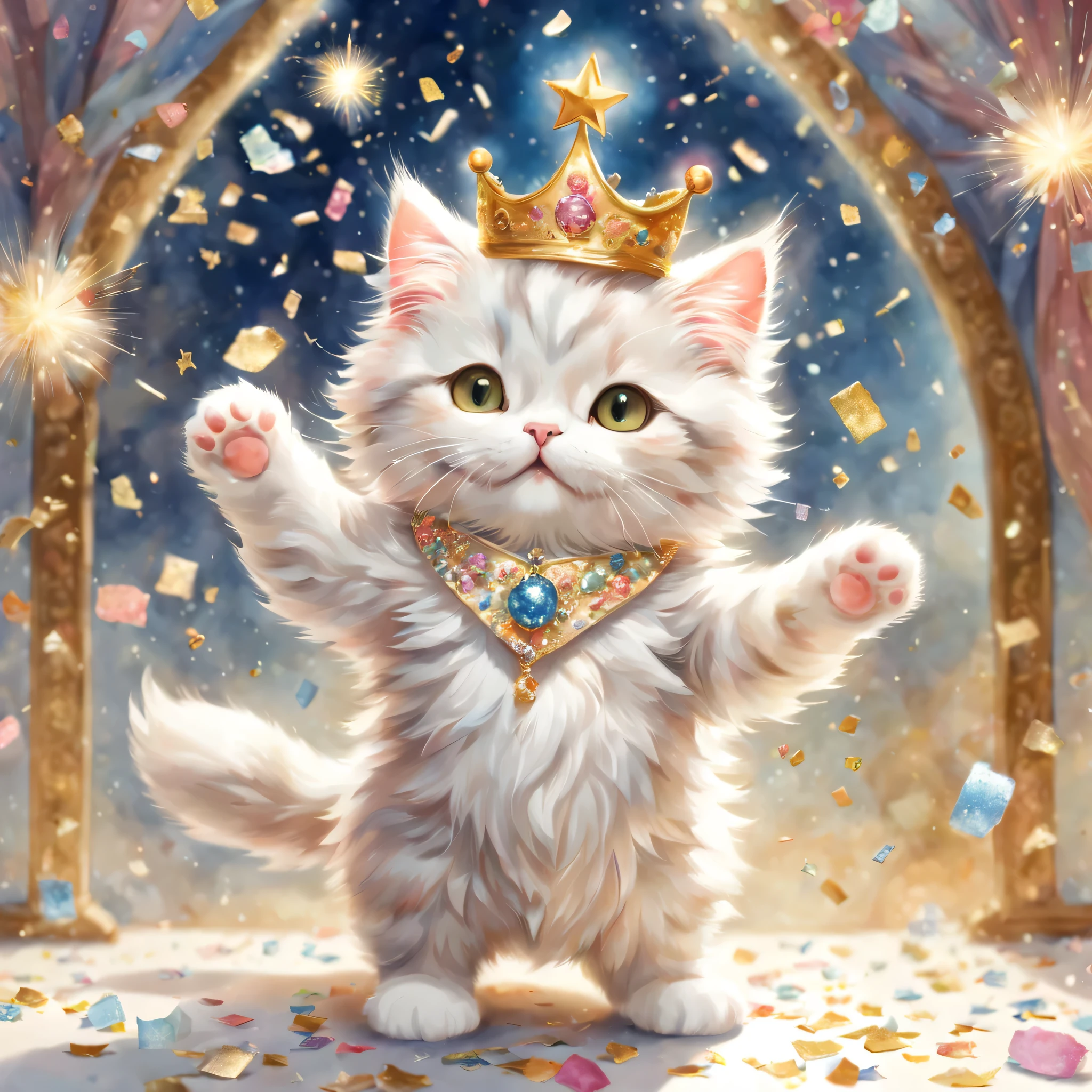 ((Playing cat)),dance,raise your hand,jump,open your mouth,indoor,masterpiece,highest quality,fluffy cat,a bit,cute,Futebutesi,fun,happiness,,Fashionable scenery,Sparklingエフェクト,celebration,anatomically correct,All the best,最高にcute猫,cute猫,,fantasy,randolph caldecott style,enlightenment,watercolor painting,gentle shades,((Hanabubuki)),Sparkling,star,light,sequins,crown,The king's cloak