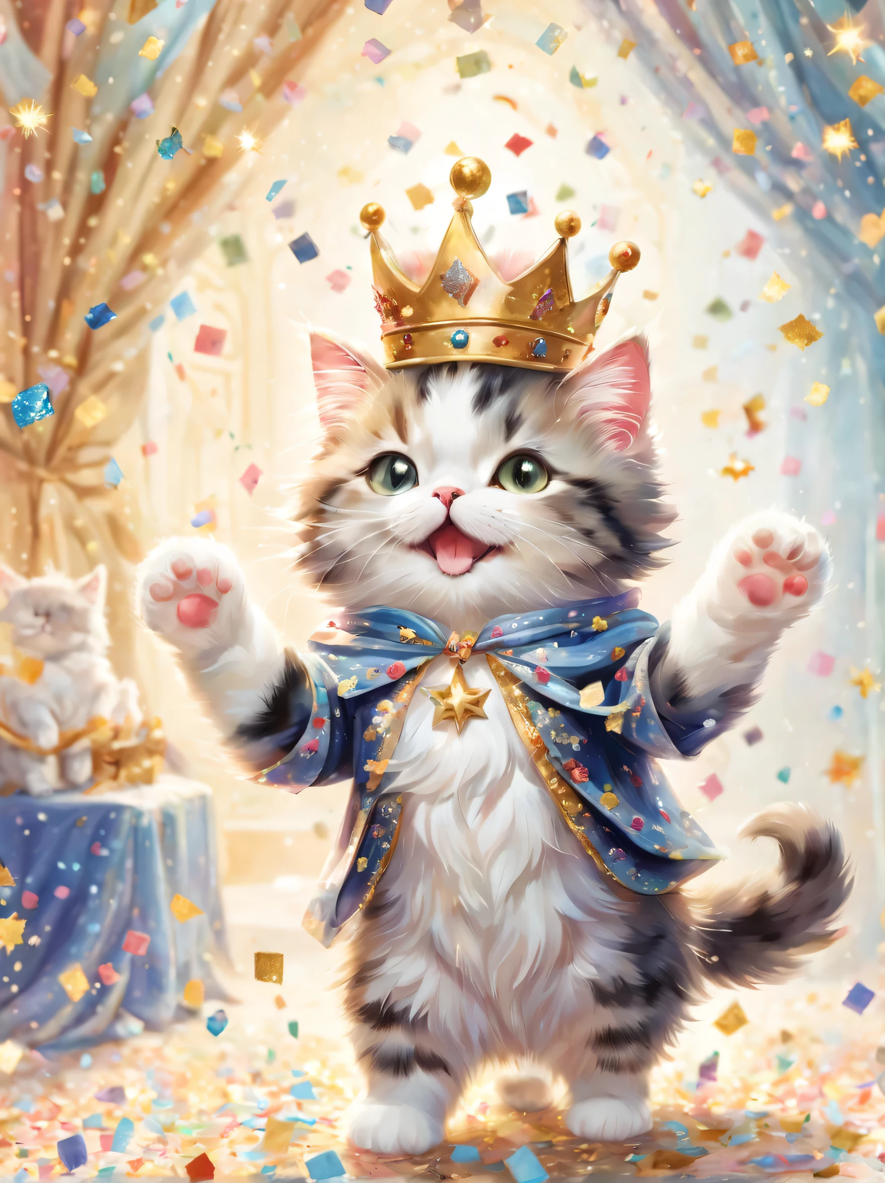((danceハムスター)),((confetti)),dance,raise a hand,jump,open your mouth,indoor,masterpiece,highest quality,fluffy hamster,Little,cute,fun,happiness,,Fashionable scenery,Sparklingエフェクト,celebration,anatomically correct,All the best,最高にcuteハムスター,cuteハムスター，,fantasy,randolph caldecott style,enlightenment,watercolor painting,Gentle shades,((confetti)),Sparkling,star,Light,sequins,crown,The king's cloak,Holding up the trophy