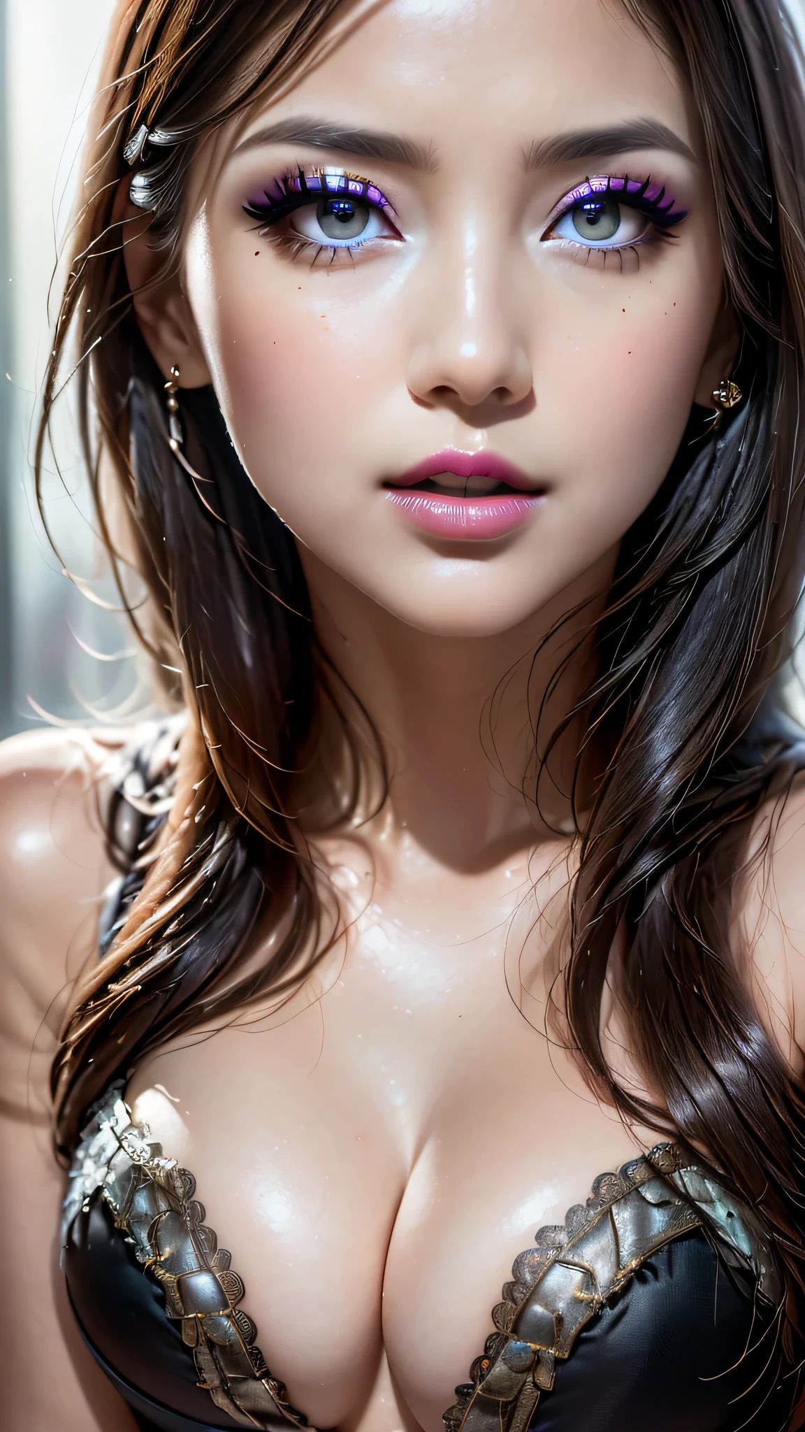 Ultra-realistic、 ultra-detailed、 最high quality、 8K、highest level、 The ultra -The high-definition、(Super beautiful detailed face:1.5)、(detailed eyes:1.2)、(detailed lips:1.2)、(Detailed nose:1.2)、cinematic lighting、(anatomically correct)、((cleavage))、(I encourage you to choose a subdued and perfectly coordinated background for your phenomenal, diverse random creation)、(Use any technique of combining materials, natural, ((glass:1.43)), metals, elements and fantasy magic, any style, any outfit, choose eyes color, ((hair is a different color than eyes)), dynamic random fancy, professional hairstyles)、 1girl:1.4 26years old、fashion supermodel、real:1.8、photorealistic:1.8、(very delicate and beautiful、fine details:1.5)、(masterpiece)、 最high quality、 (high quality)、 (absurdres)、 (ultra sharp fous)、(Glamour, paparazzi taking pictures of her)、 contrast、 (glowin light shot:1.25)、red_lipstick:1.29、((perfect round eyes))、((glowing glass:1.5))、(matte skin:1.45)、((from the Knee Up:1.3))、((ultraviolet lighting_makeup:1.37))
