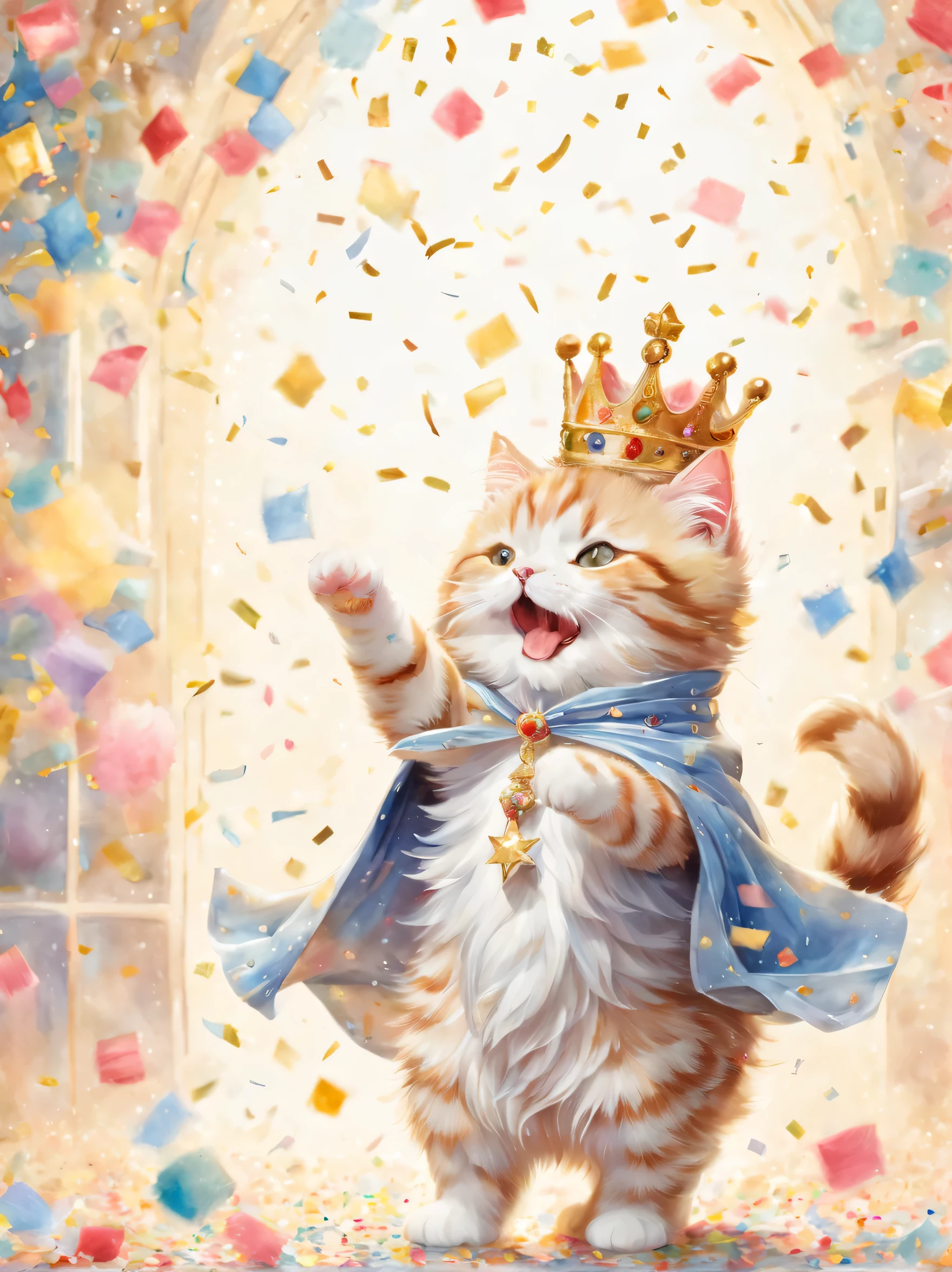 ((danceハムスター)),((confetti)),dance,raise a hand,jump,open your mouth,indoor,masterpiece,highest quality,fluffy hamster,Little,cute,fun,happiness,,Fashionable scenery,Sparklingエフェクト,celebration,anatomically correct,All the best,最高にcuteハムスター,cuteハムスター，,fantasy,randolph caldecott style,enlightenment,watercolor painting,Gentle shades,((confetti)),Sparkling,star,Light,sequins,crown,The king's cloak,Holding up the trophy