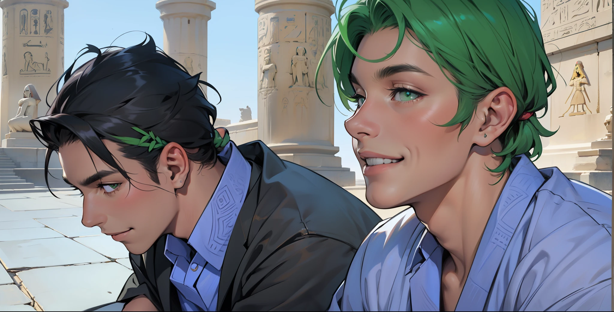 beautiful young man of 14 years of age, dark skin in the background, the ancient Egyptian smiles with a mischievous smile , tiene ojos verdes , sin camisa traje tribal antiguio del egipto