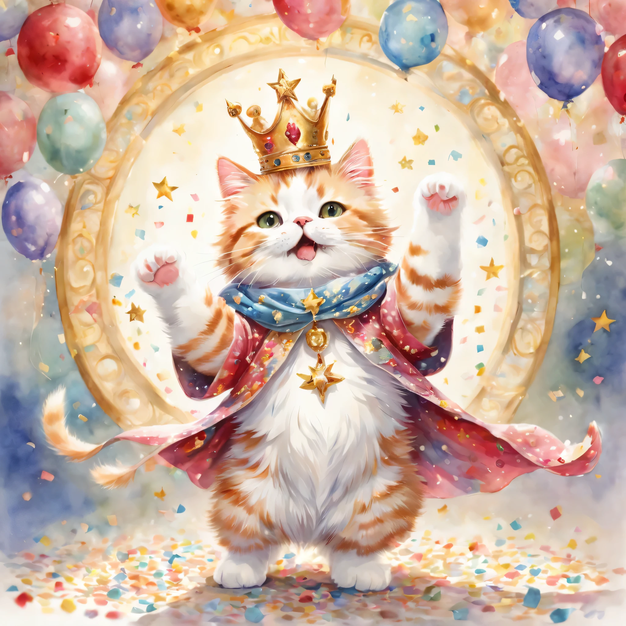 ((Playing cat)),dance,raise your hand,jump,open your mouth,indoor,masterpiece,highest quality,fluffy cat,a bit,cute,Futebutesi,fun,happiness,,Fashionable scenery,Sparklingエフェクト,celebration,anatomically correct,All the best,最高にcute猫,cute猫，,fantasy,randolph caldecott style,enlightenment,watercolor painting,gentle shades,((Hanabubuki)),Sparkling,star,light,sequins,crown,The king's cloak
