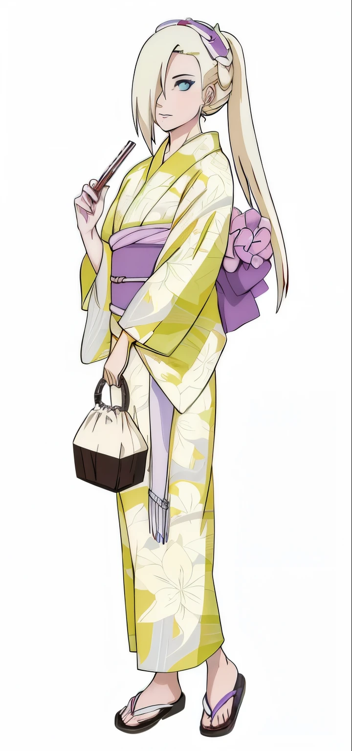 Ino yamanaka from naruto, anime girl in kimono outfit smoking a cigarette and holding a purse, in a kimono, in kimono,  pale and coloured kimono, wearing kimono, wearing a haori, maya fey from ace attorney, realistic, blonde hair, blue eyes