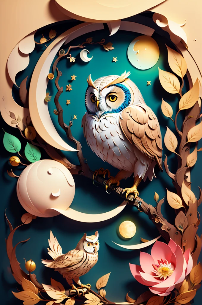 (((masterpiece))),highest quality,figure,beautiful detail glow,
paper_cut,   owl, wood,moon,