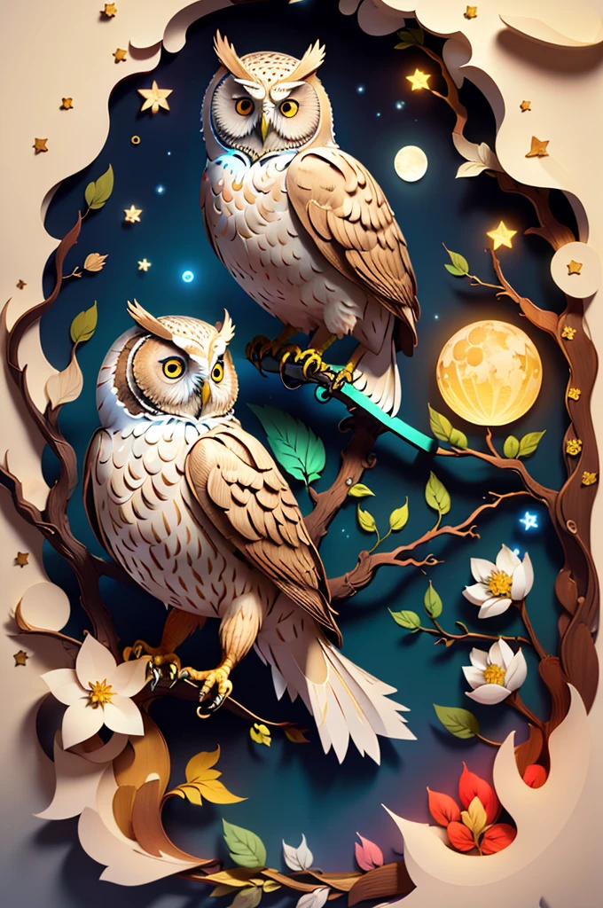(((masterpiece))),highest quality,figure,beautiful detail glow,
paper_cut, owl, wood,moon,