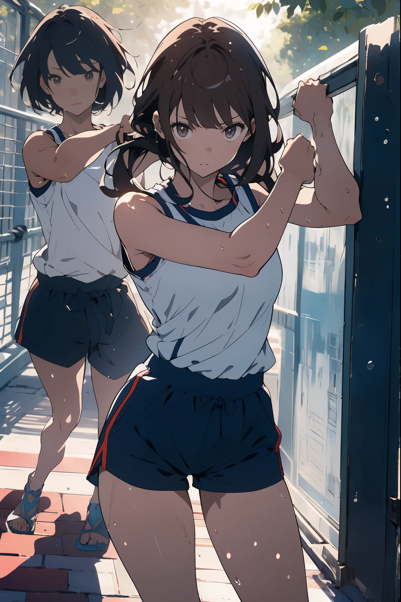 (masterpiece,Best Quality,Detailed beautiful face and eyes:1.2,Perfect Anatomy:1.2,beautiful illustrations,best anime:1.2),cowboy shot, (1woman,solo)、action pose、18 year old beauty、brown hair、long hair ,blunt bangs,brown eyes,perfect proportion,slender body,skinny,medium breasts,naked,gleaming skin,oliy skin,shiny skin,(practicing martial arts:1.2、shadowboxing),sweaty and wet body、sportswear、white tight sleeveless shirt、navy blue short tight shorts、Large playground、Academy、during the day、sunlight