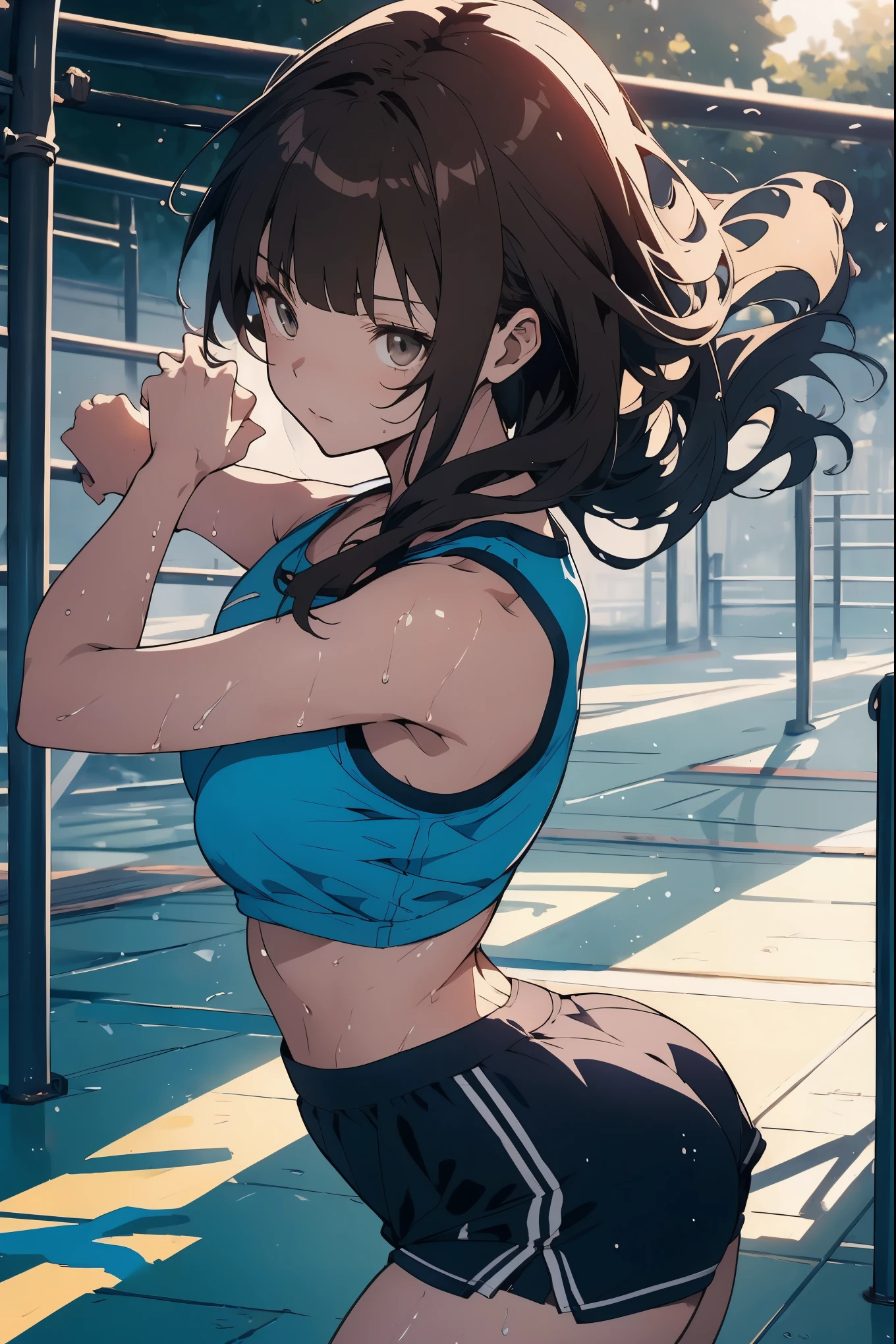 (( masterpiece, highest quality))), (girl)、NSFW、at close range:1.5、、、cute、black hair、ponytail、（cotton material、She is wearing a gray sports bra and simple panties.)、angry look、anger、((close)), ((flushed)),,,Sweat、perfect lighting、perfect composition、