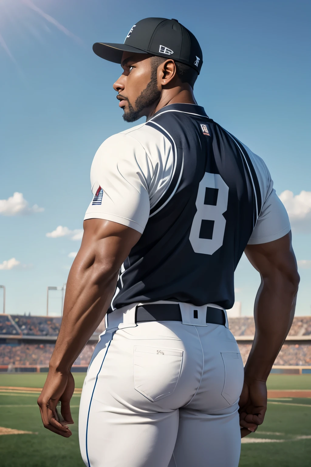 black baseball player standing on field, marching band uniform, from behind, , high detail, 8k, mystical, magical, ultra hd, realistic, vivid colors, highly detailed, UHD drawing, pen and ink, perfect composition, beautifully detailed intricate insanely detailed octane rendering trending on artstation, 8k artistic photography, photorealistic concept art, soft natural volumetric cinematic perfect light, huge manly bubble butt, muscle butt in white pants