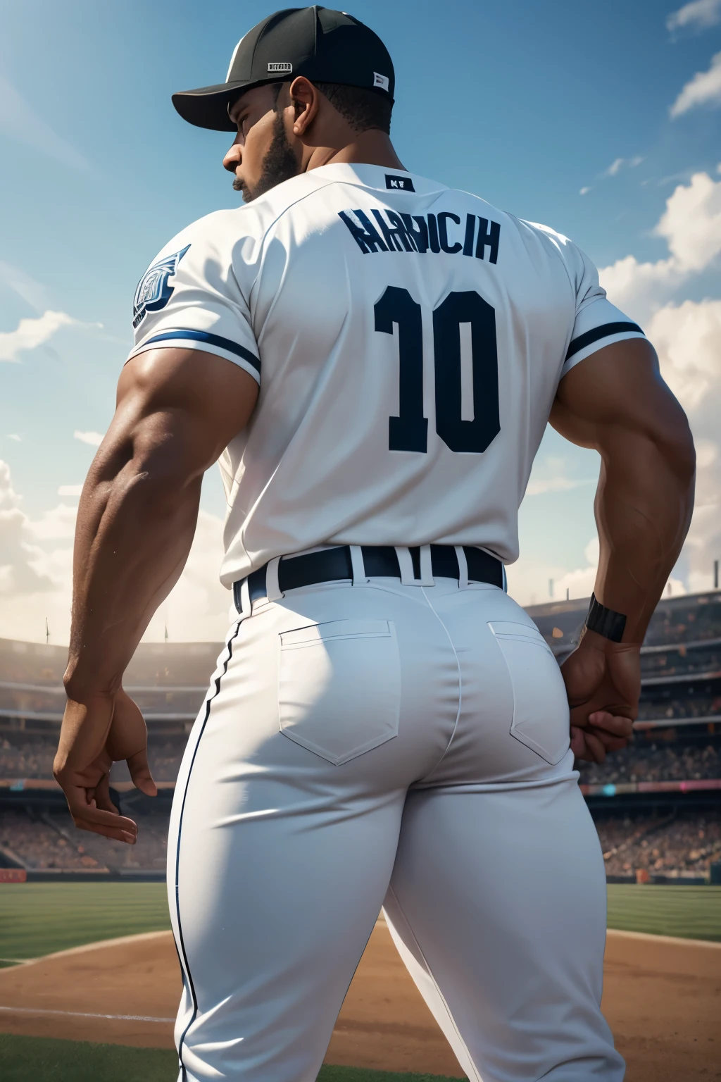 black baseball player standing on field, marching band uniform, from behind, , high detail, 8k, mystical, magical, ultra hd, realistic, vivid colors, highly detailed, UHD drawing, pen and ink, perfect composition, beautifully detailed intricate insanely detailed octane rendering trending on artstation, 8k artistic photography, photorealistic concept art, soft natural volumetric cinematic perfect light, huge manly bubble butt, muscle butt in white pants