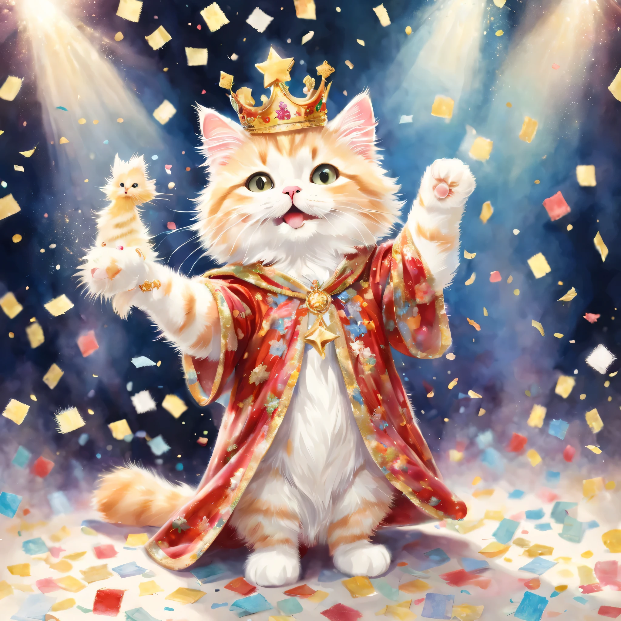 ((Playing cat)),((Hanabubuki)),dance,raise your hand,jump,open your mouth,indoor,masterpiece,highest quality,fluffy cat,a bit,cute,Futebutesi,fun,happiness,,Fashionable scenery,Sparklingエフェクト,celebration,anatomically correct,All the best,最高にcute猫,cute猫,,fantasy,randolph caldecott style,enlightenment,watercolor painting,gentle shades,((Hanabubuki)),Sparkling,star,light,sequins,crown,The king's cloak