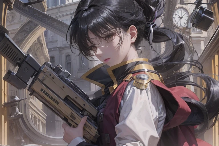 Anime characters: A girl with long black hair has her hair flying in the wind. Her hair is very long and her hair is flying in the wind. Her long straight black hair is blown by the strong wind.