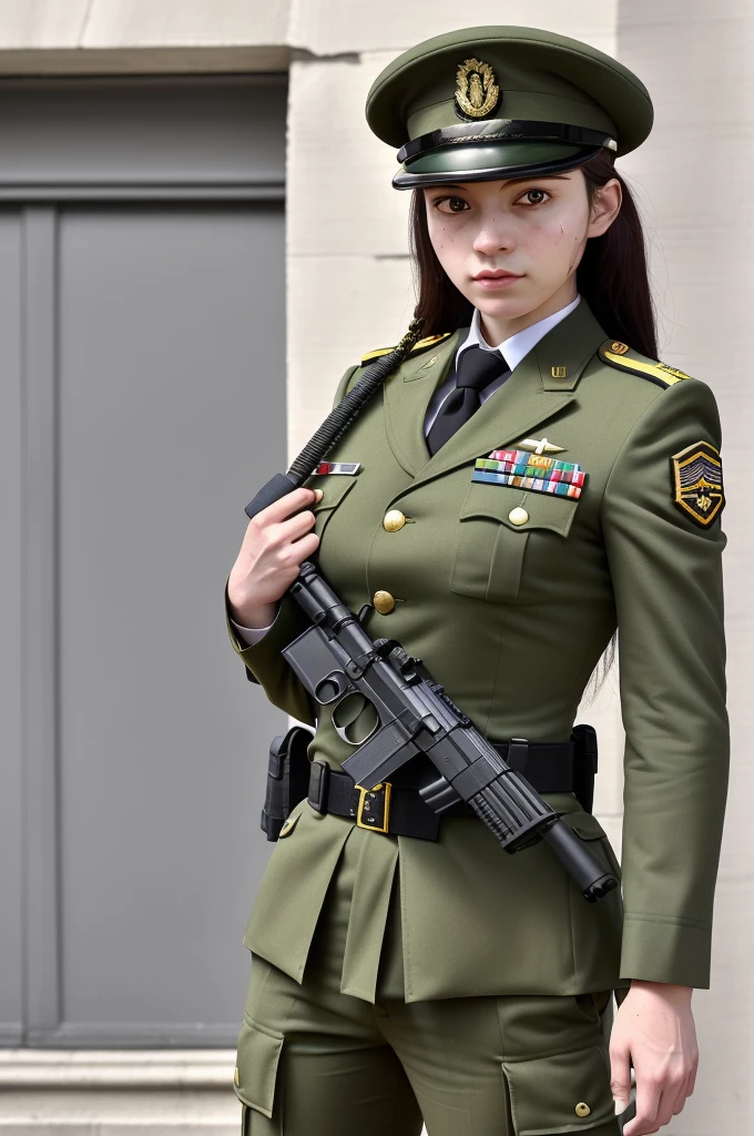 Very detailed CG unity 8K wallpaper，（tmasterpiece），（best qualtiy），（ultra - detailed），（Ultra photo realsisim），（best character detail：1.36），Nikon D750 f / 1.4 55mm，profesional lighting， physically-based renderingt, 1girll, Female soldier，army suit，Dark green military uniform，Fabric texture military uniform，（（（Headband with officer's hat））））（((Hanging gun：1.2)），Pure white lining，Dark green tie，Black hair，the golden ratio,[:(com rosto detalhado:1.2):0.2]:,PureErosFace_V1, broad shoulder,,(big assa:1.5)，Soaked with sweat，red flags，In the square，Splendid scenery，bright sun，upper body photos，Place your hands on your chest，（（（Fighting posture：1.8））），（（（Collar flowers：1.2））），（（（Wearing a military cap：1.2）））,Perfectcomposition,
