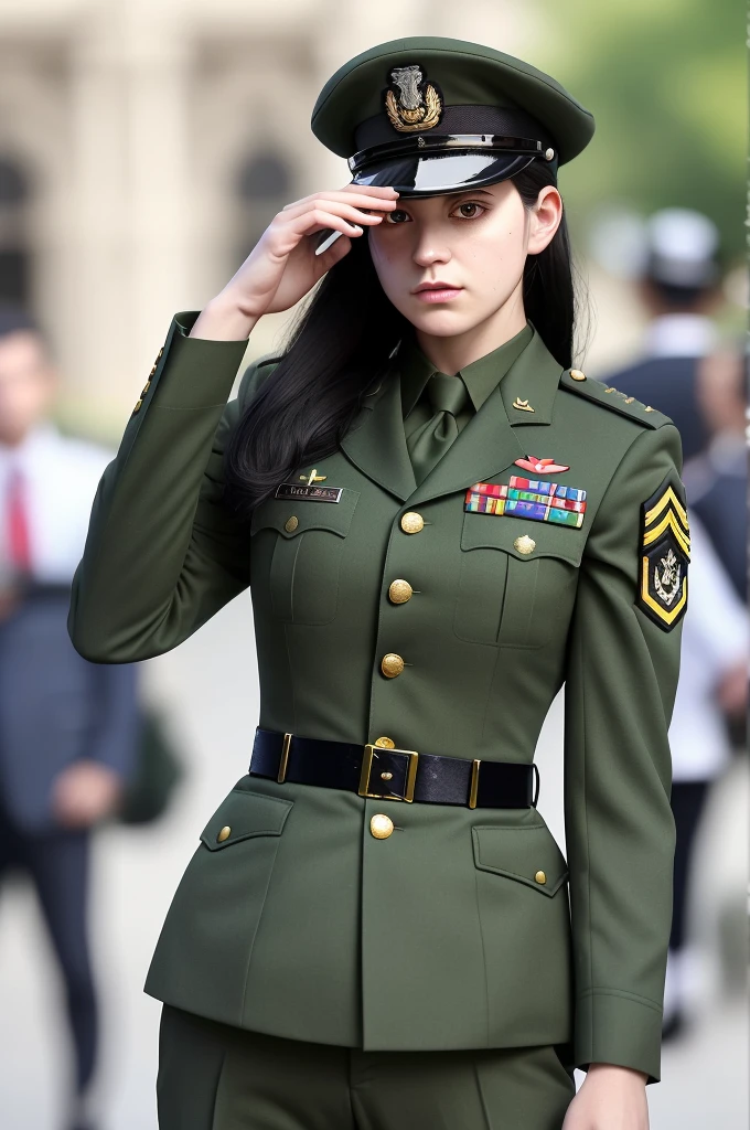 Very detailed CG unity 8K wallpaper，（tmasterpiece），（best qualtiy），（ultra - detailed），（Ultra photo realsisim），（best character detail：1.36），Nikon D750 f / 1.4 55mm，profesional lighting， physically-based renderingt, 1girll, Female soldier，army suit，Dark green military uniform，Fabric texture military uniform，（（（Headband with officer's hat））））（((Hanging gun：1.2)），Pure white lining，Dark green tie，Black hair，the golden ratio,[:(com rosto detalhado:1.2):0.2]:,PureErosFace_V1, broad shoulder,,(big assa:1.5)，Soaked with sweat，red flags，In the square，Splendid scenery，bright sun，upper body photos，Place your hands on your chest，（（（Fighting posture：1.8））），（（（Collar flowers：1.2））），（（（Wearing a military cap：1.2）））,Perfectcomposition,