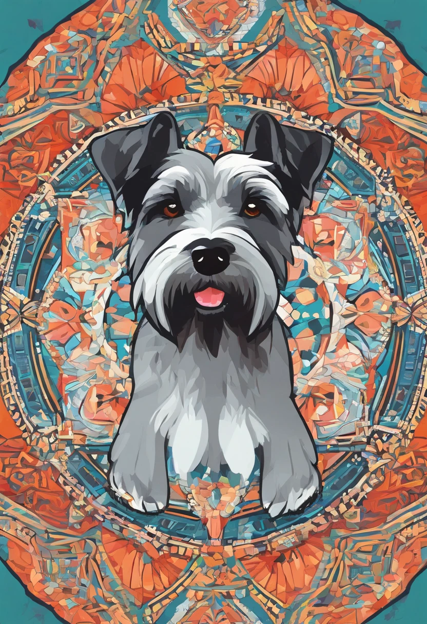 Bright color painting of a mandala with a simple and cute Schnauzer dog motif
