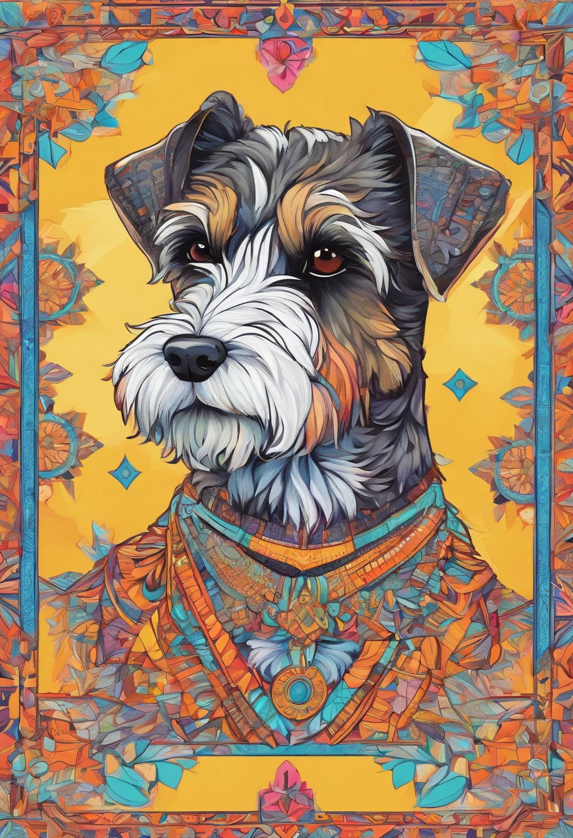 Bright color painting of a mandala with a simple and cute Schnauzer dog motif
