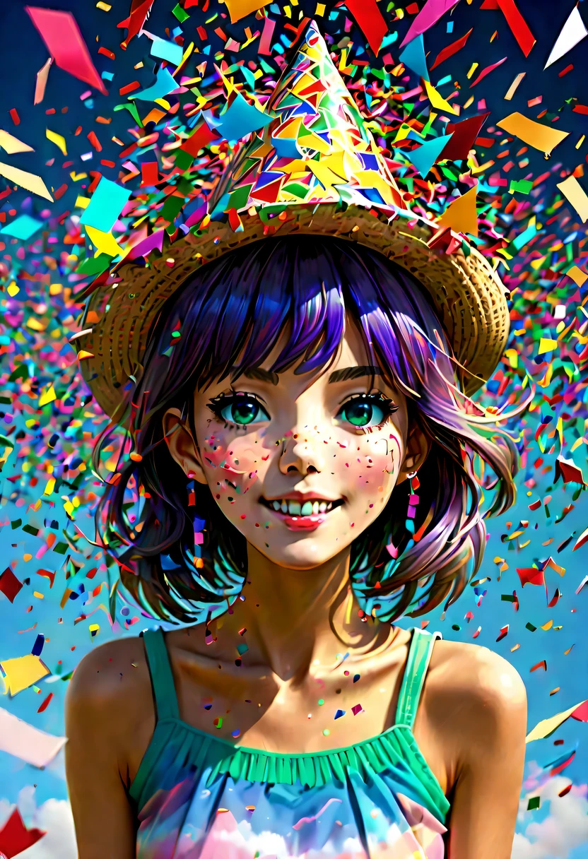 (Beautiful girl wearing confetti hat:1.4),(Colored confetti:1.5),Colored confetti flying in the sky,Floating confetti fills the sky,in scraps of paper,hyper detailed masterpiece, Dynamic, good quality,Floating Extra Large Ethereal Colorful Heart DonMW15pXL