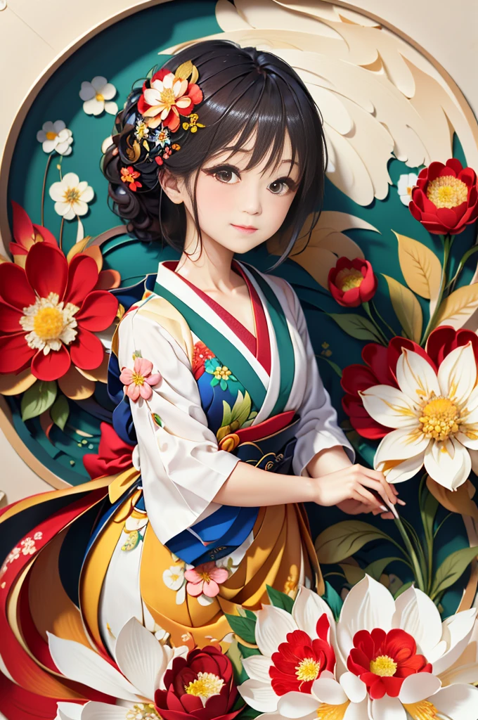 masterpiece、highest quality、High resolution。In front of a Japanese-patterned background with colorful flowers in full bloom.、a girl dressed up。Wearing hair ornaments。