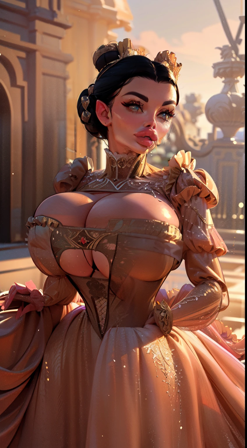 (((1girl:1.8))), ((gown:1.5)) ((off the shoulder)), style, (( red dress, gold details)), (Aletta ocean in gown), anime style, (((elf))) (((Victorian gown:1.5))) (((smoldering eyes))), ((Black hair:1.5)), ((hair in bun:1.5)), 8k, 4k, Unreal Engine 5, (gigantic breasts:1.3), octane render, trending on pixiv, ((puffy gown:1.7)) ((intricate details on dress:1.4)), (((puffy sleeves:1.5))), fanbox, skeb, (((long sleeves:1.5))), masterpiece, ((glittered red gown:1.2)),(skindentation:1.4), ((decorated sleeve cuffs:1.3)), wide hips, (full lips:1.5), ((cleavage cutout:1.4)), (((boob spillage:1.4))), smooth soft skin, big dreamy eyes, beautiful anime wide eyes, soft lighting, concept art, digital painting,