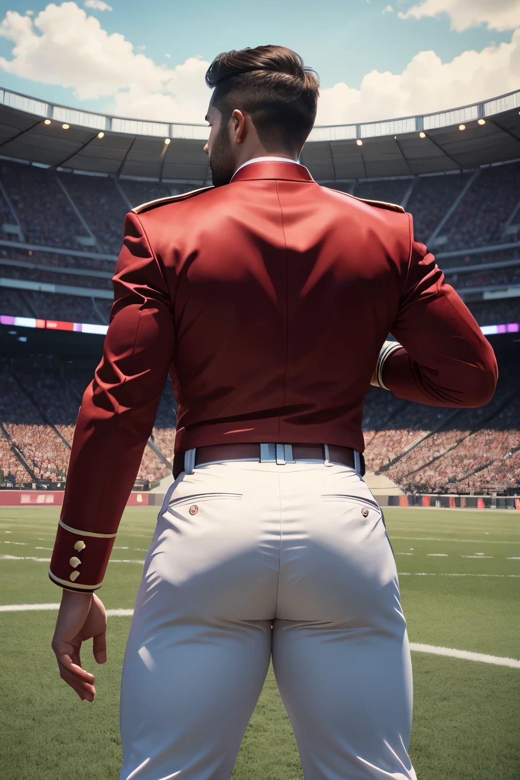 male drum major standing on field, marching band uniform, from behind, , high detail, 8k, mystical, magical, ultra hd, realistic, vivid colors, highly detailed, UHD drawing, pen and ink, perfect composition, beautifully detailed intricate insanely detailed octane rendering trending on artstation, 8k artistic photography, photorealistic concept art, soft natural volumetric cinematic perfect light, huge manly bubble butt, muscle butt, big round hunk booty in tight pants