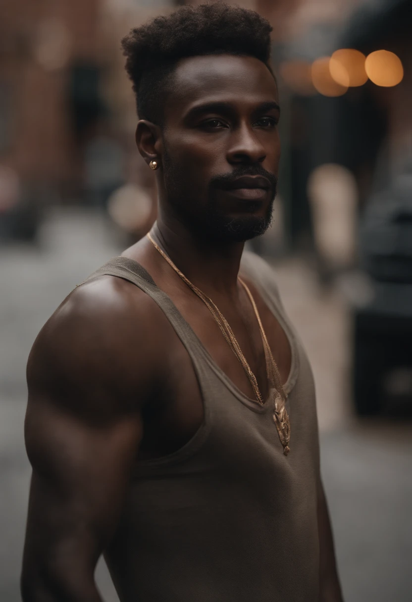 Hyper realistic , ultra detallado, foto de un hombre africano robusto y guapo, 20 years, cejas masculinas gruesas, labios grandes, labios prominentes, Labios definidos, tatuado, afrontar, ultra detallado, Detalles ultra precisos, Taken with a Canon EOS RI camera at a 50mm focal length with a 1.4 apertura. 4k, 8k. Heavy makeup and a shy expression, Foto tomada en las calles de Brooklyn, Nueva York