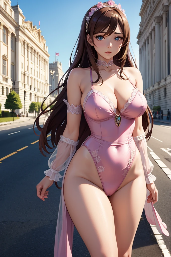one Rebecca wearing pink lingerie with gold accents, mature woman, long brown hair, blue eyes, sexy hourglass figure, standing outside, the Buckingham Palace in the background, [ 4 k digital art ]!!, seductive anime girl, deviantart artstation cgscosiety, trending on cgstation, 8k high quality detailed art, photorealistic anime girl render, kawaii hq render, commission for high res, thicc