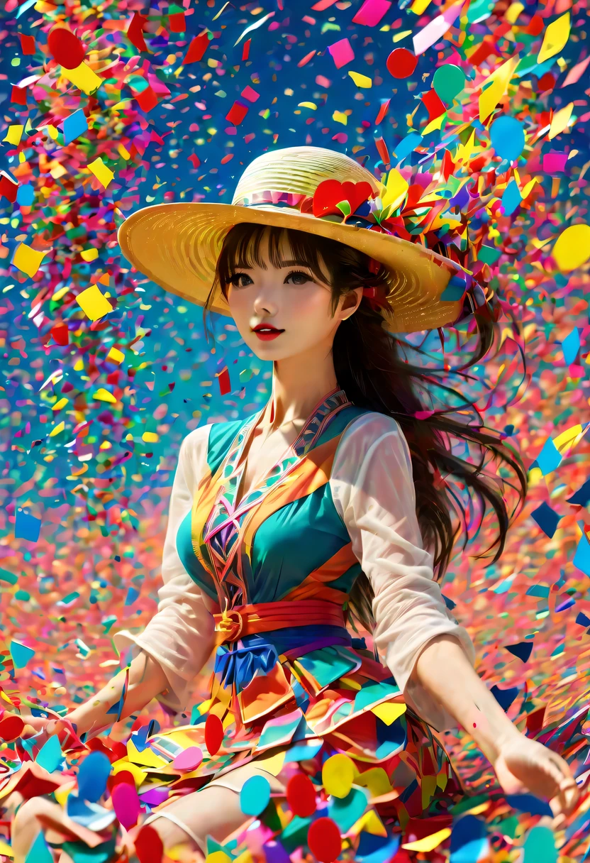 (Beautiful girl wearing confetti straw hat:1.4)，(Colored confetti:1.5)，Colored confetti flying in the sky，Floating confetti fills the sky，in scraps of paper，hyper detailed masterpiece, Dynamic, good quality,floating colorful hearts