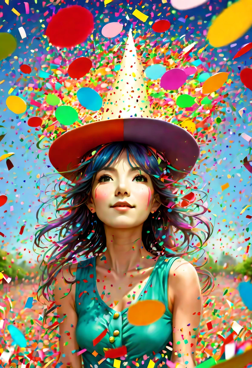 (Beautiful girl wearing confetti hat:1.4)，(Colored confetti:1.5)，Colored confetti flying in the sky，Floating confetti fills the sky，scattered in the garden，hyper detailed masterpiece, Dynamic, good quality,Floating Extra Large Ethereal Colorful Heart DonMW15pXL