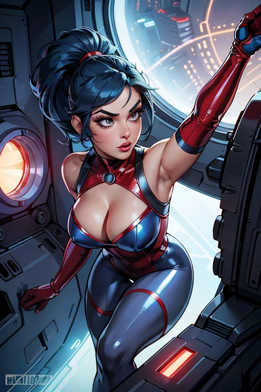 Best quality, 8K, woman retro super hero futurism, beautiful and detailed face, big eyelashes,LOOKING TO observer, ponytail,BLUE hair, long eyelashes, RED shiny leotard, cleavage, metalic details, light GRAY pantyhose, sheer gloves,sci-fi RETRO SPACESHIP scenario