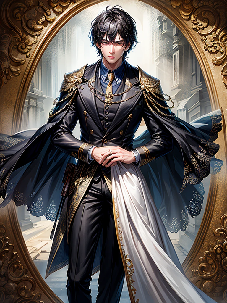 8K resolution、((highest quality))、((masterpiece))、((super detailed))、male、black hair、black eyes、suit figure、