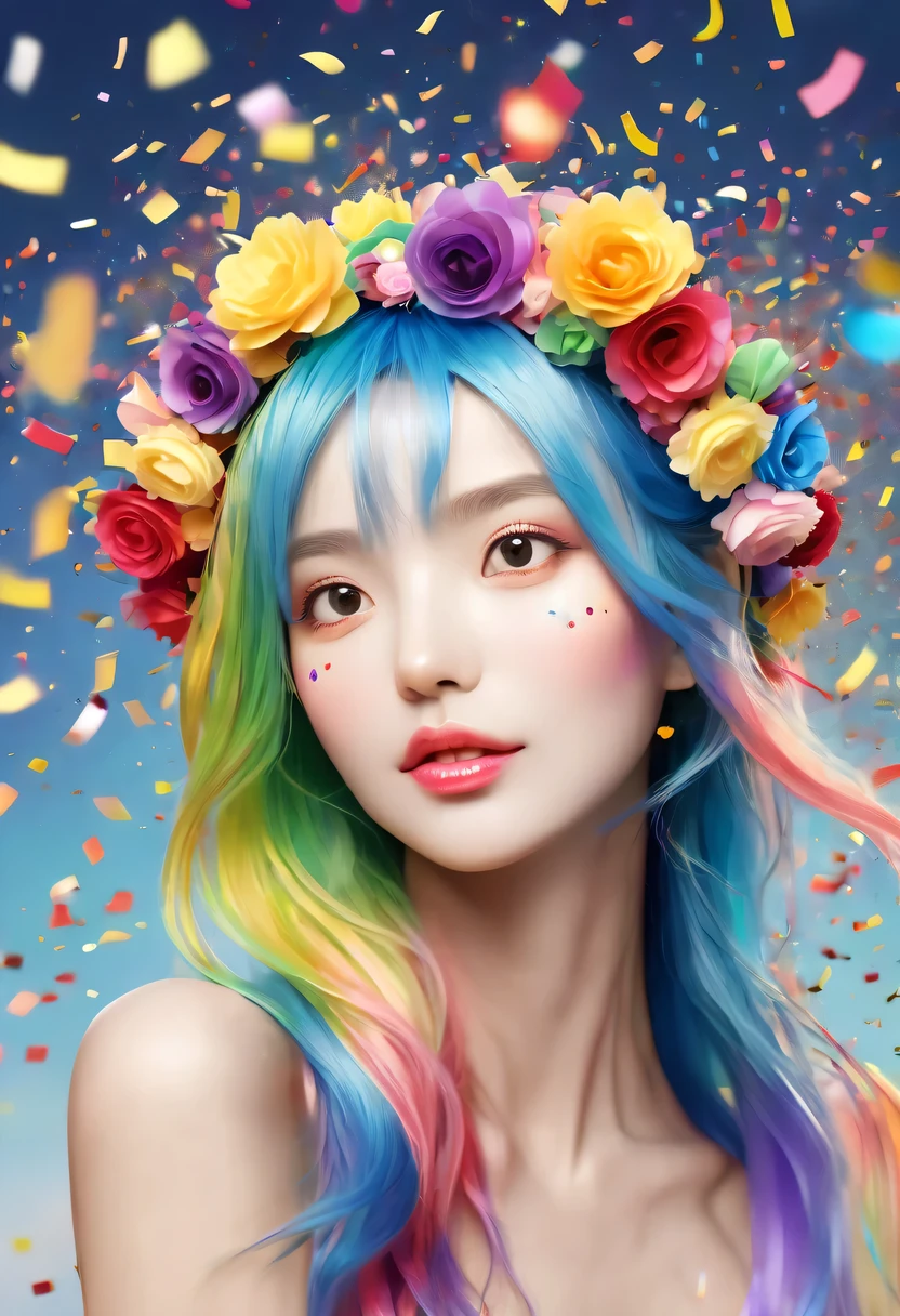 (Beautiful girl wearing confetti hat:1.4)，(Colored confetti:1.5)，Colored confetti flying in the sky，Floating confetti fills the sky，scattered in the garden，hyper detailed masterpiece, Dynamic, good quality,Floating Extra Large Ethereal Colorful Heart DonMW15pXL