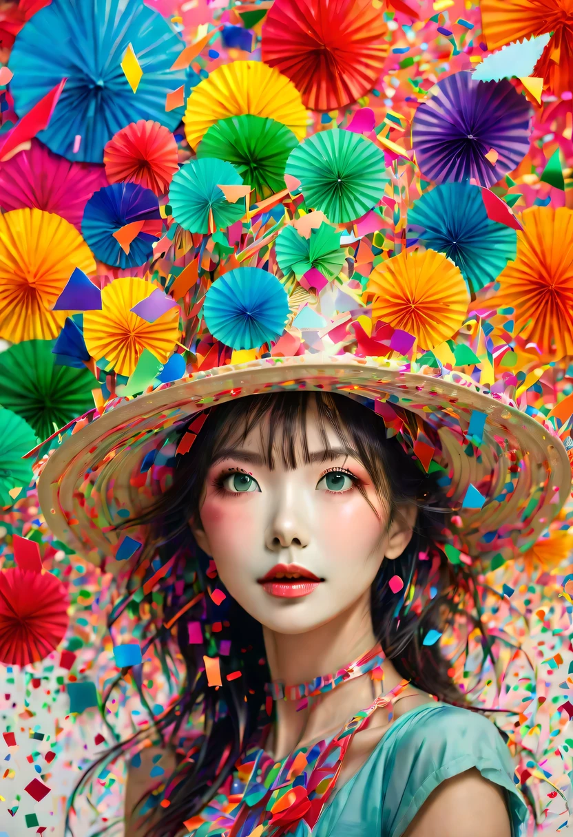 (Beautiful girl wearing confetti straw hat:1.4)，(Colored confetti:1.5)，Colored confetti flying in the sky，Floating confetti fills the sky，in scraps of paper，hyper detailed masterpiece, Dynamic, good quality,Floating Extra Large Ethereal Colorful Heart DonMW15pXL