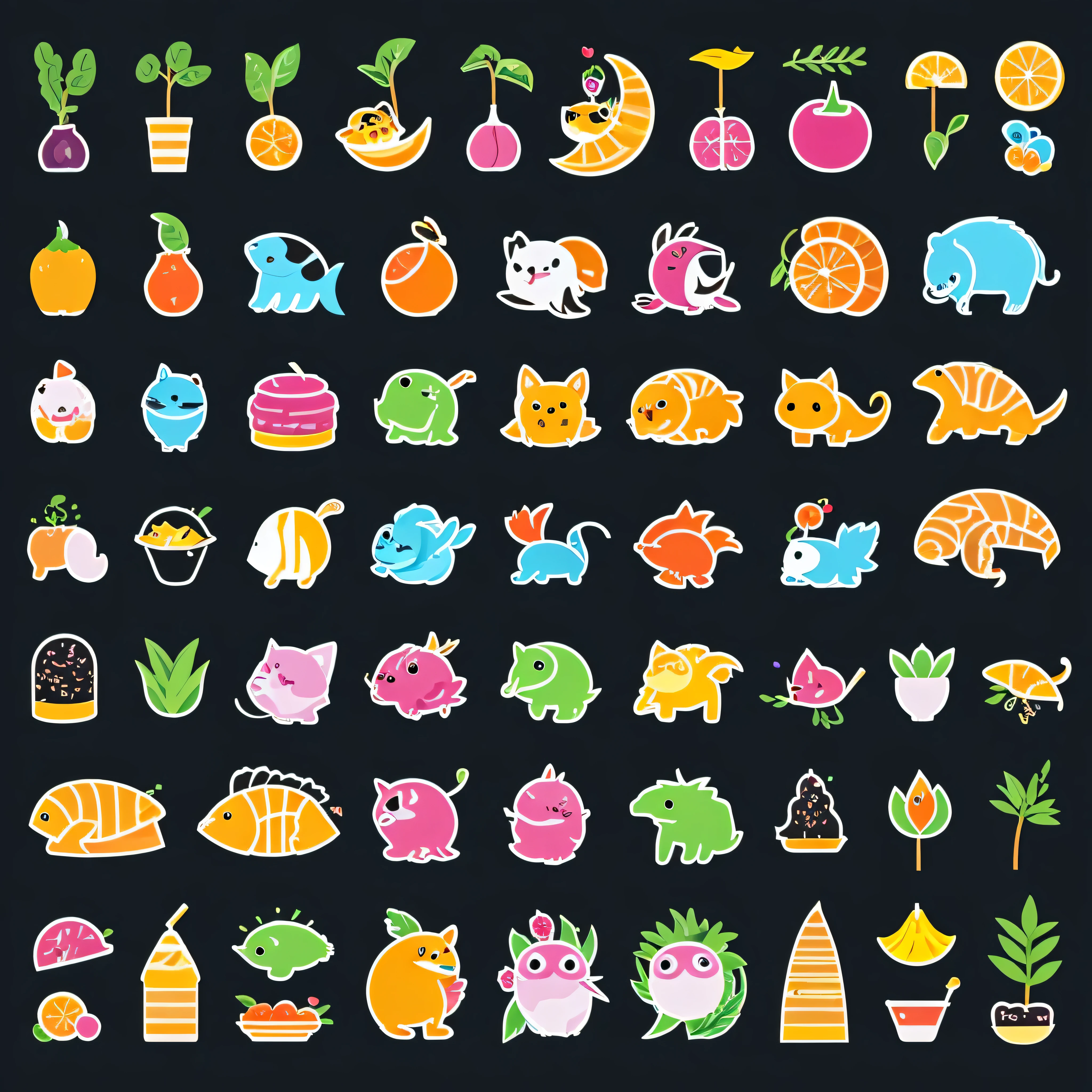 100 pieces of cute icons, with many kinds of animals, foods, sweets, signs, etc. used for games, no words on them, vivid clear tone, colorful, tiny, black background, Alignment.