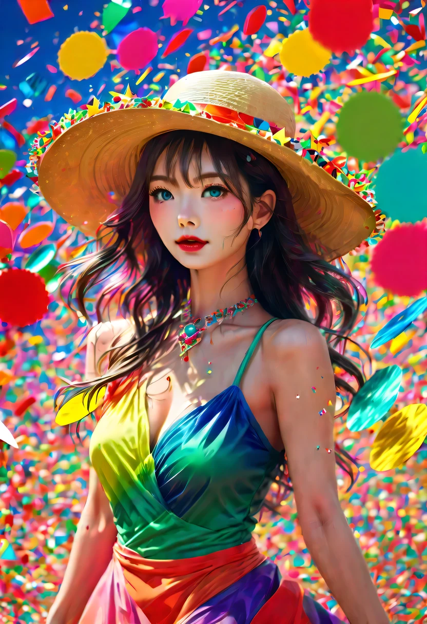 (Beautiful girl wearing confetti straw hat:1.4)，(Colored confetti:1.5)，Colored confetti flying in the sky，Floating confetti fills the sky，in scraps of paper，hyper detailed masterpiece, Dynamic, good quality,Floating Extra Large Ethereal Colorful Heart DonMW15pXL