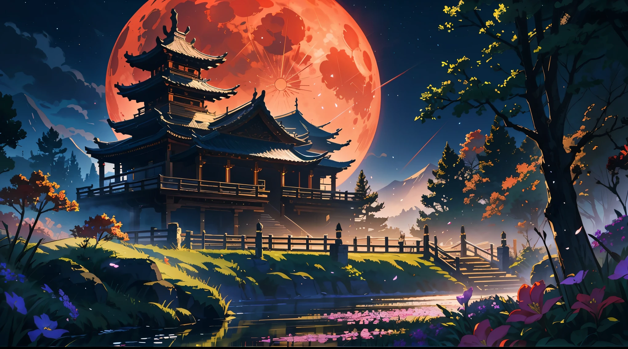 epic quality, atmosphere, nature scenery, wuxia aesthetic, raytracing, smooth, (colorful), (detailed complex busy background: 0.8), fantasy flowers, (night:1.4), intricate details, beautiful glitters, flat illustration, time stop, (ultra-detailed), photon mapping, ((intricate detail)), cinematic lighting, volumetric lighting, (big red moon)