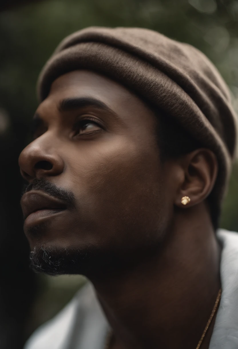 Hyper realistic , ultra detallado, foto de un hombre africano robusto y guapo, 20 years, cejas masculinas gruesas, labios grandes, labios prominentes, calvo, sin pelo, Labios definidos, tatuado, afrontar, ultra detallado, Detalles ultra precisos, Taken with a Canon EOS RI camera at a 50mm focal length with a 1.4 apertura. 4k, 8k. Heavy makeup and a shy expression, Foto tomada en las calles de Brooklyn, Nueva York