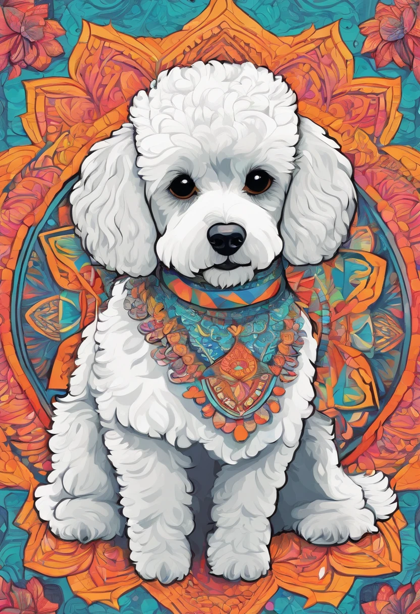 Bright color painting of a mandala with a simple and cute Poodle dog motif
