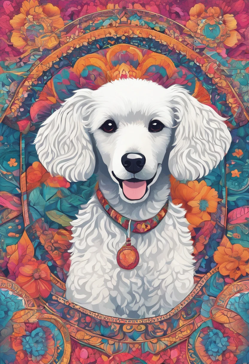 Bright color painting of a mandala with a simple and cute Poodle dog motif

