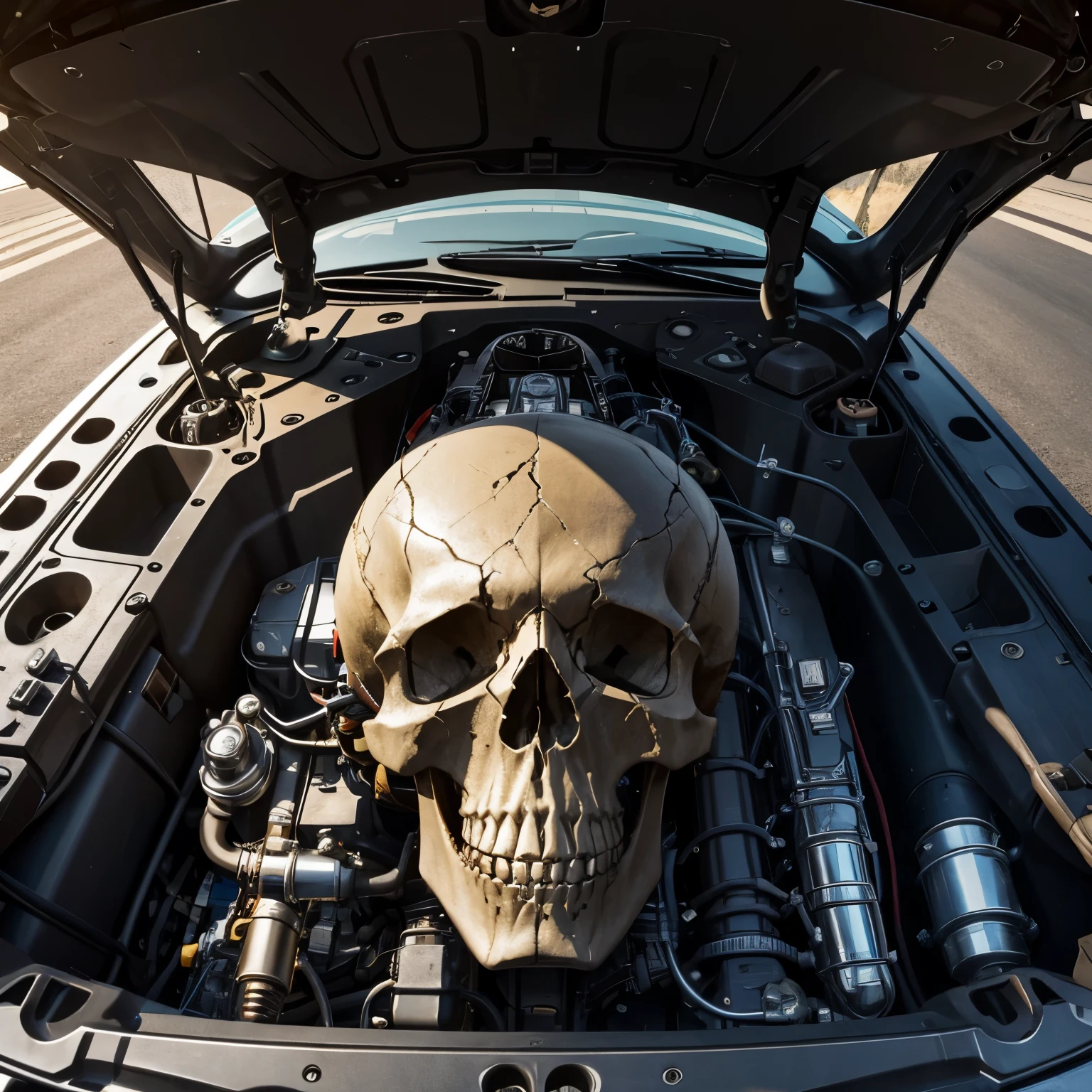 Puking Skull with two crossed engine pistons below it