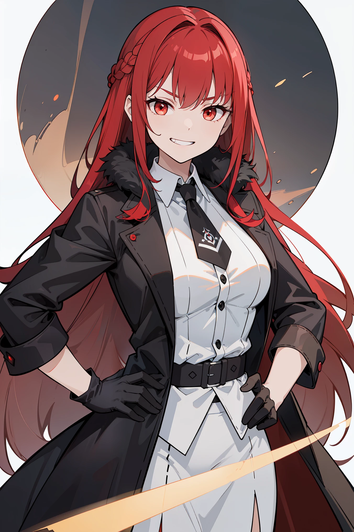 masterpiece, best quality, ultra high quality, high quality illustration, 1girl, solo, crimson red hair, very long hair, french braid, single sidelock, red eyes, glowing eyes, medium breasts, mature girl, grin, evil smile, shaded face, evil face, mischievous, coat on shoulders, fur overcoat, black coat, white shirt, (gloves), looking at viewer, ((single hand on hip)), (glowing light), white background, simple background 