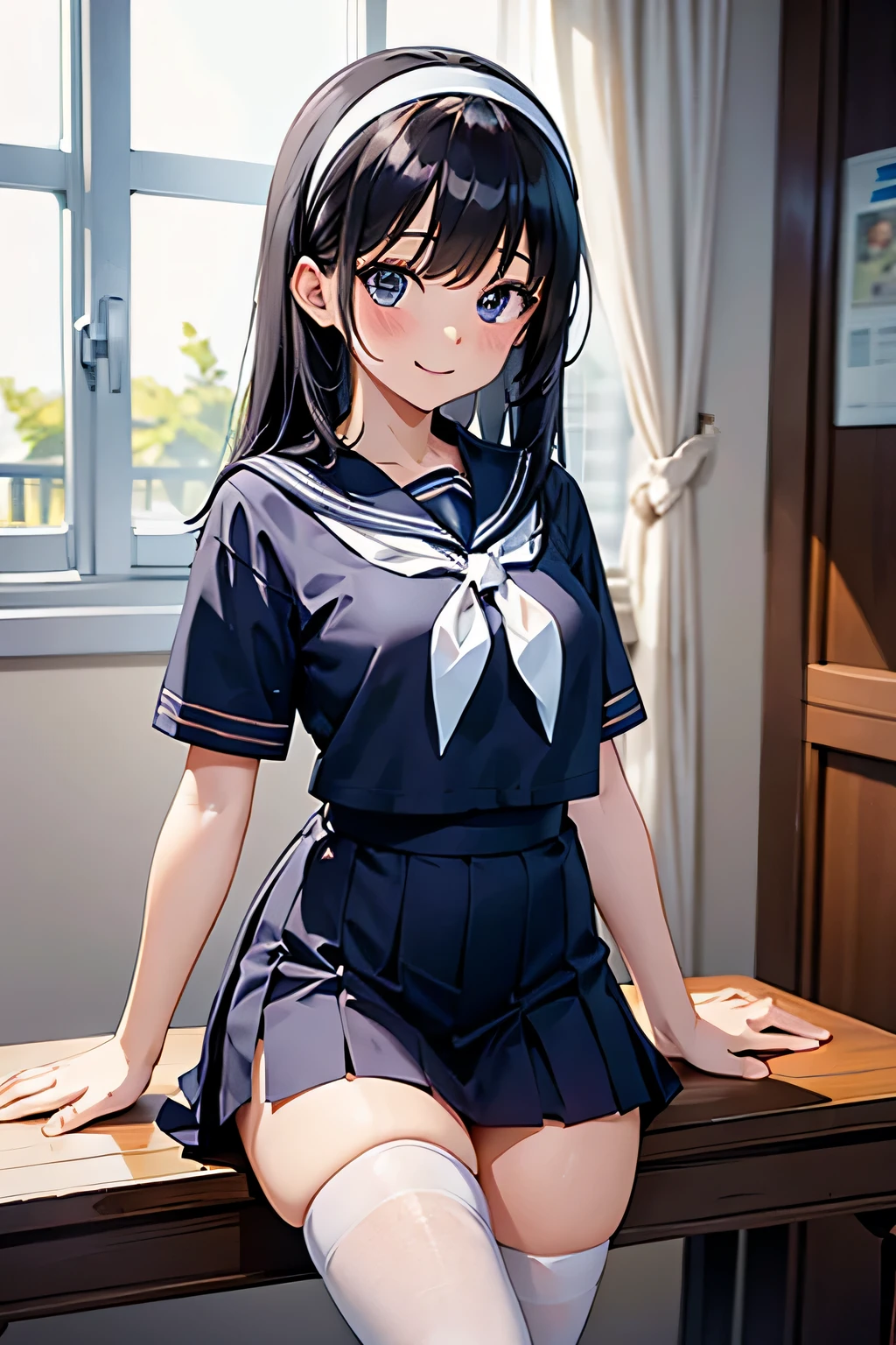 High school girl in sailor suit, anime 2d rendering, white headband, smile, black hair, straight hair, navy blue sailor uniform, black stockings, 